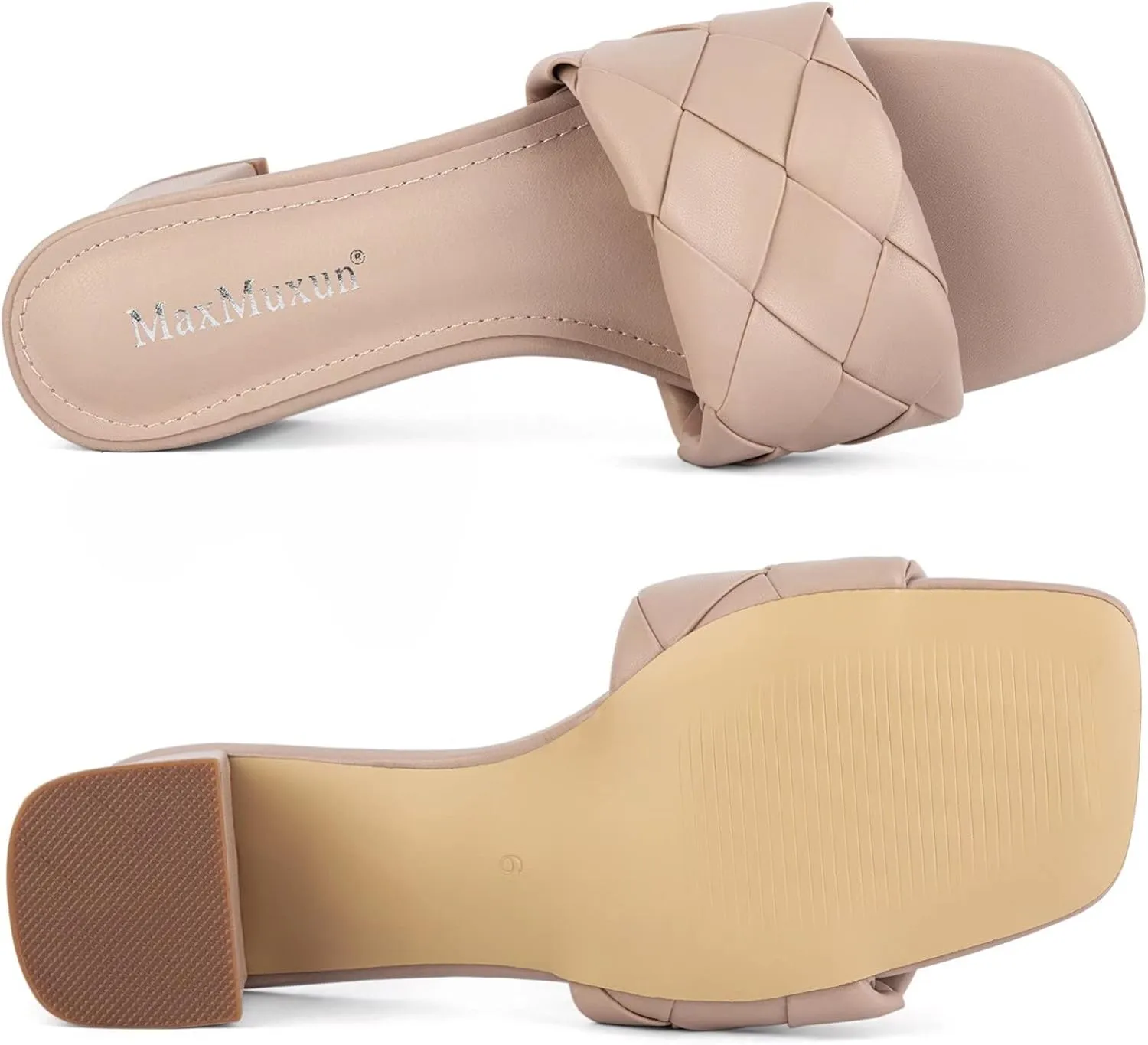 MaxMuxun Women's Square Open Toe Low Chunky Block Heel Slip on Slide Sandals