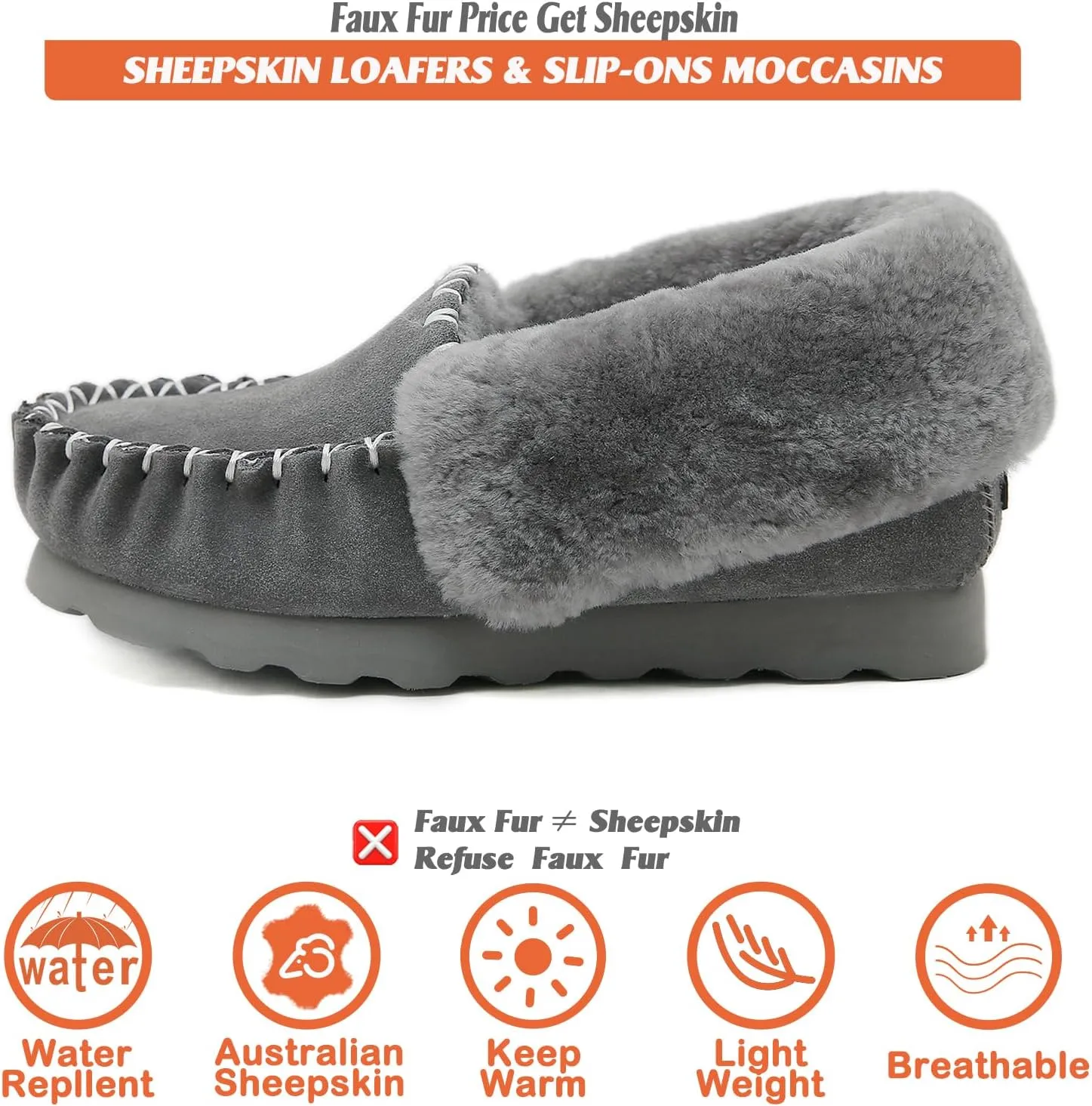 Mel&Syd 100% Australian Sheepskin Moccasin Slippers for Women/Men - Loafers Slip On Mini Boots - Lightweight Memory Foam Winter House Shoes - Comfy Shearling Snow Boots for Cold with Fluffy Collar