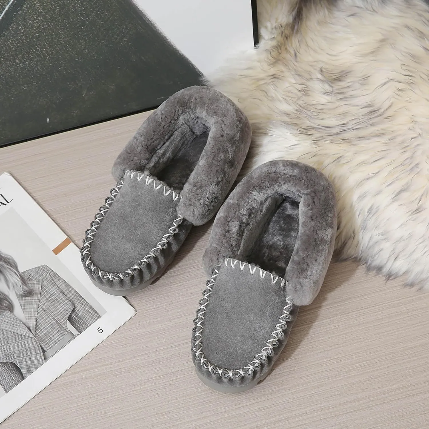 Mel&Syd 100% Australian Sheepskin Moccasin Slippers for Women/Men - Loafers Slip On Mini Boots - Lightweight Memory Foam Winter House Shoes - Comfy Shearling Snow Boots for Cold with Fluffy Collar
