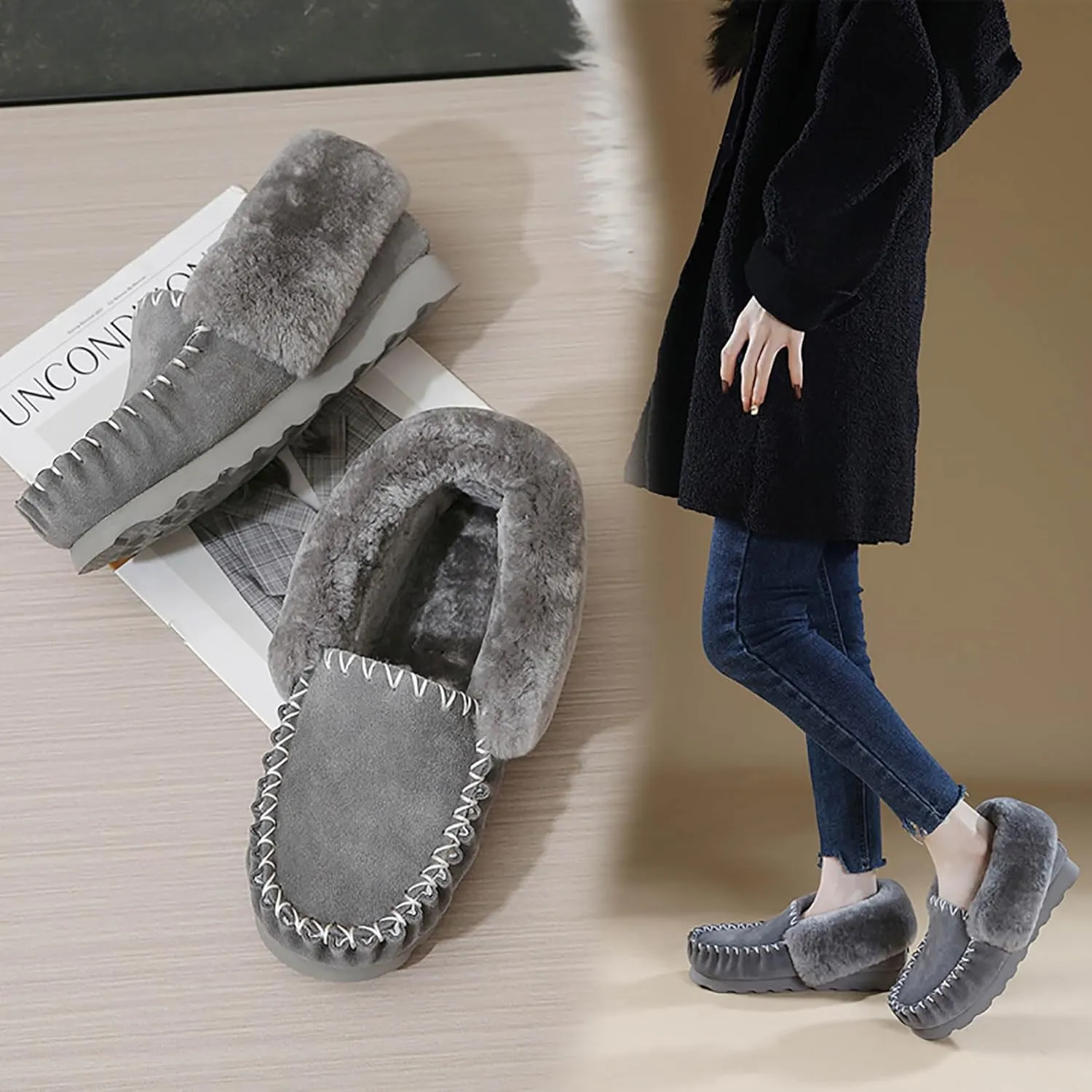 Mel&Syd 100% Australian Sheepskin Moccasin Slippers for Women/Men - Loafers Slip On Mini Boots - Lightweight Memory Foam Winter House Shoes - Comfy Shearling Snow Boots for Cold with Fluffy Collar