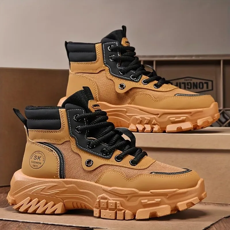 Men High Top Hiking Boots, Lace Up Durable Sneakers For Men, Outdoor Comfortable Hiking Shoes, Men's Fashion Breather Shoes