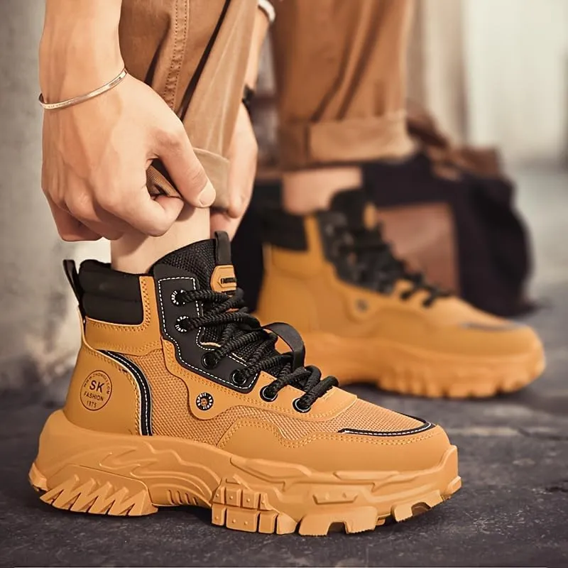Men High Top Hiking Boots, Lace Up Durable Sneakers For Men, Outdoor Comfortable Hiking Shoes, Men's Fashion Breather Shoes