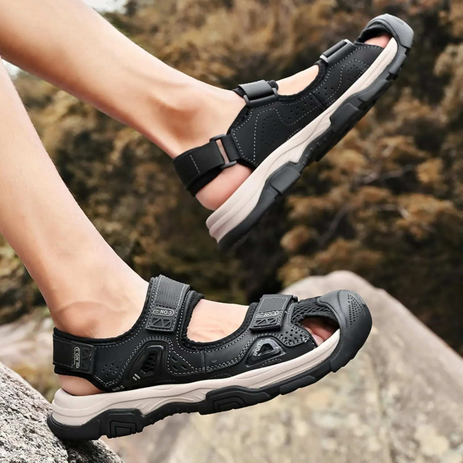 Men's Cowhide Leather Hiking Sandals - Athletic Closed - Toe Walking & Sports Fisherman Beach Water Sandals (Black,8)
