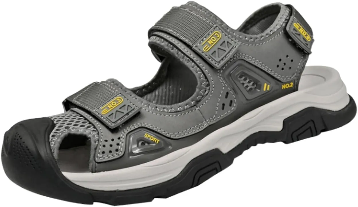 Men's Cowhide Leather Hiking Sandals - Athletic Closed - Toe Walking & Sports Fisherman Beach Water Sandals (Black,8)