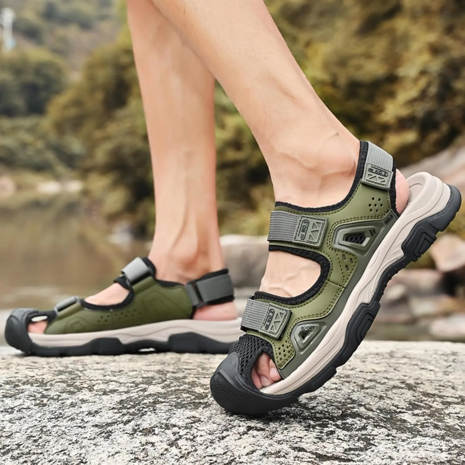Men's Cowhide Leather Hiking Sandals - Athletic Closed - Toe Walking & Sports Fisherman Beach Water Sandals (Black,8)