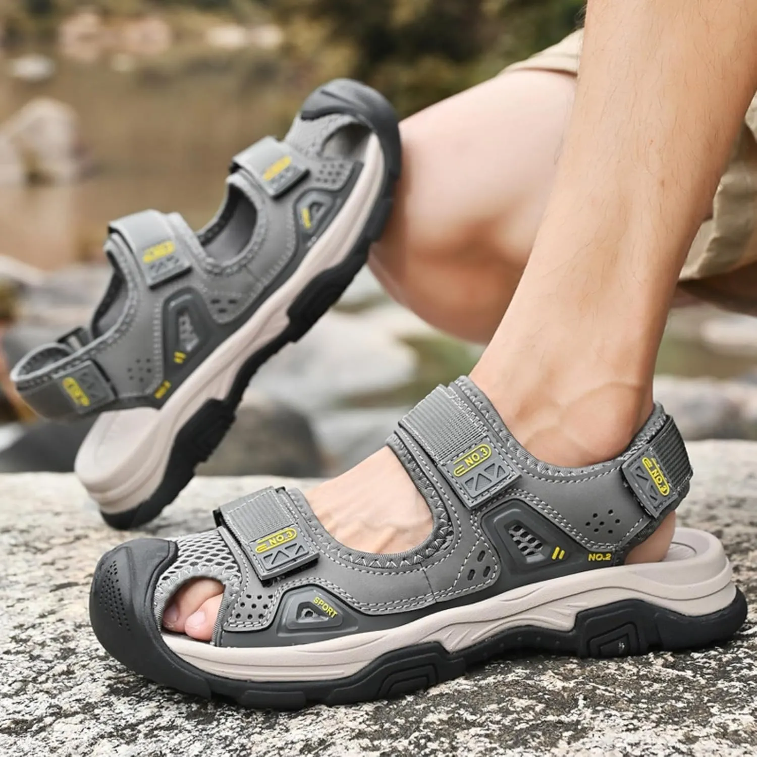 Men's Cowhide Leather Hiking Sandals - Athletic Closed - Toe Walking & Sports Fisherman Beach Water Sandals (Black,8)