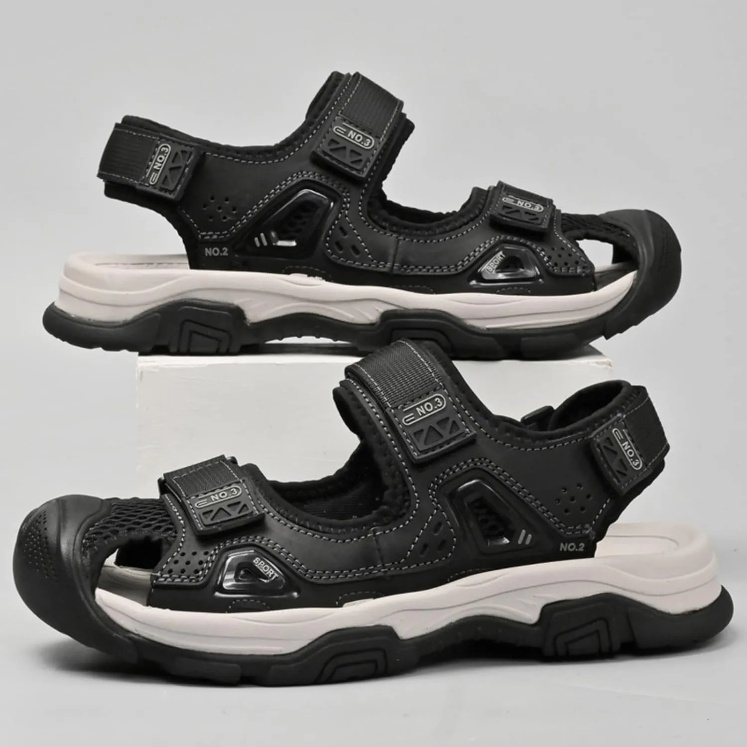 Men's Cowhide Leather Hiking Sandals - Athletic Closed - Toe Walking & Sports Fisherman Beach Water Sandals (Black,8)