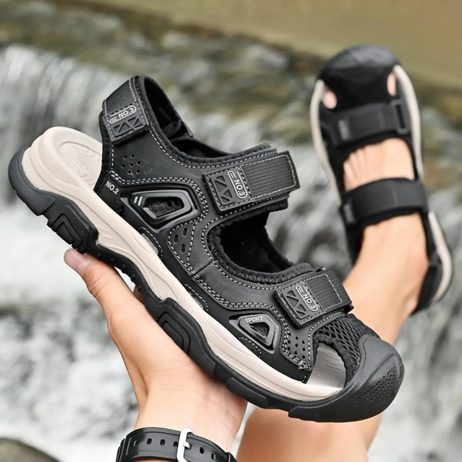 Men's Cowhide Leather Hiking Sandals - Athletic Closed - Toe Walking & Sports Fisherman Beach Water Sandals (Black,8)