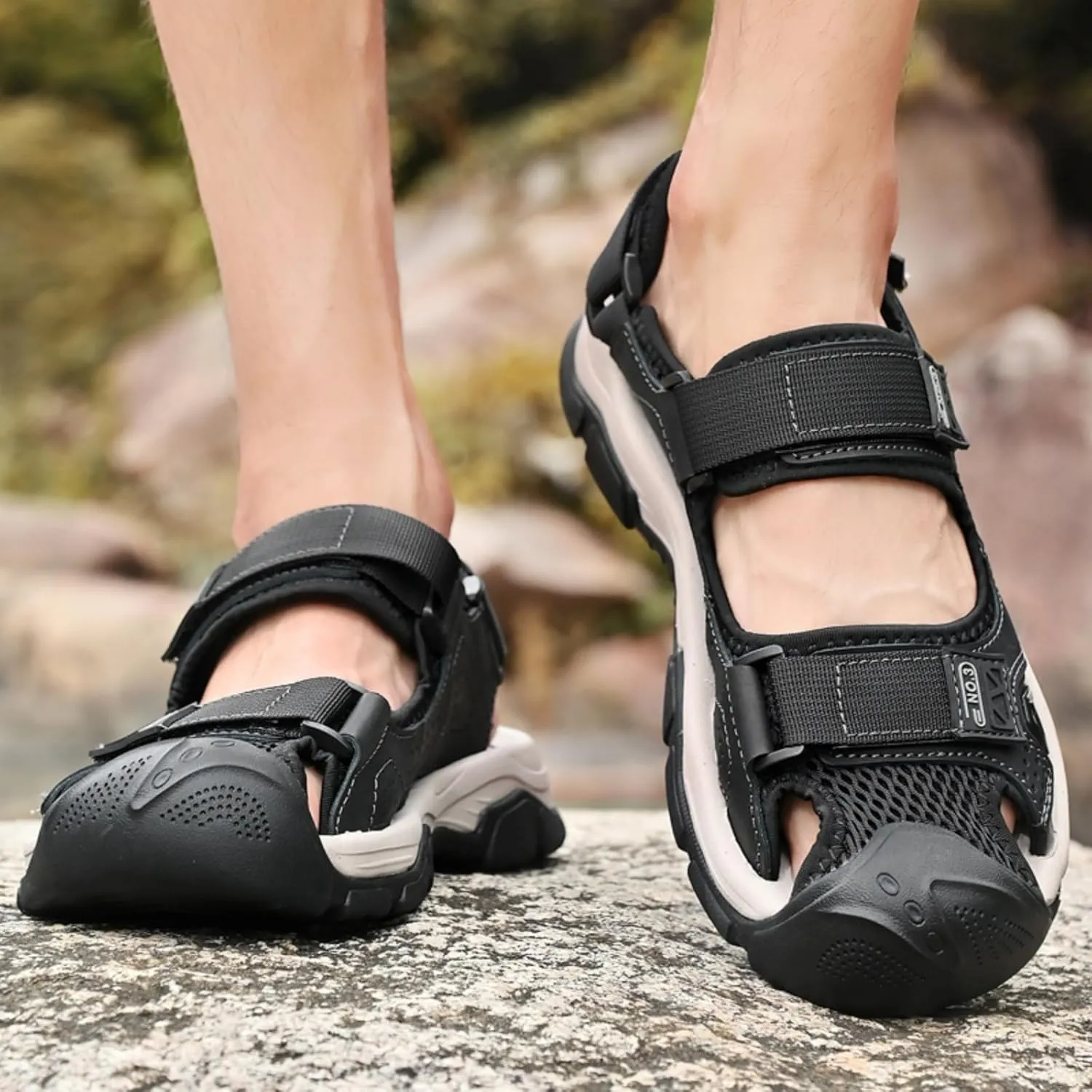 Men's Cowhide Leather Hiking Sandals - Athletic Closed - Toe Walking & Sports Fisherman Beach Water Sandals (Black,8)