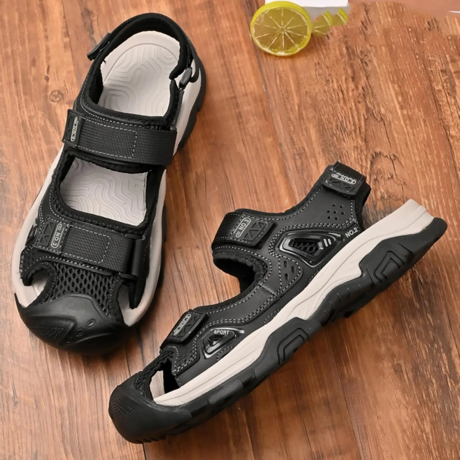 Men's Cowhide Leather Hiking Sandals - Athletic Closed - Toe Walking & Sports Fisherman Beach Water Sandals (Black,8)