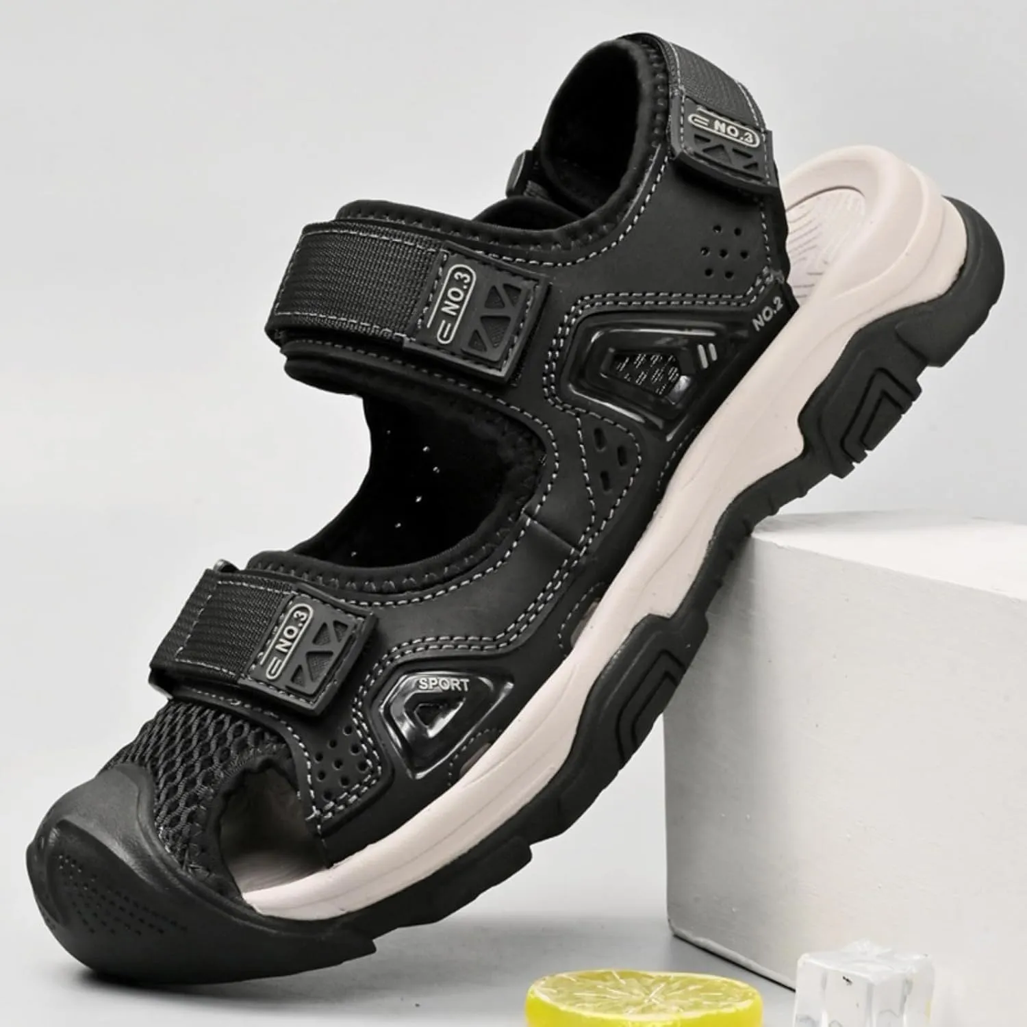 Men's Cowhide Leather Hiking Sandals - Athletic Closed - Toe Walking & Sports Fisherman Beach Water Sandals (Black,8)