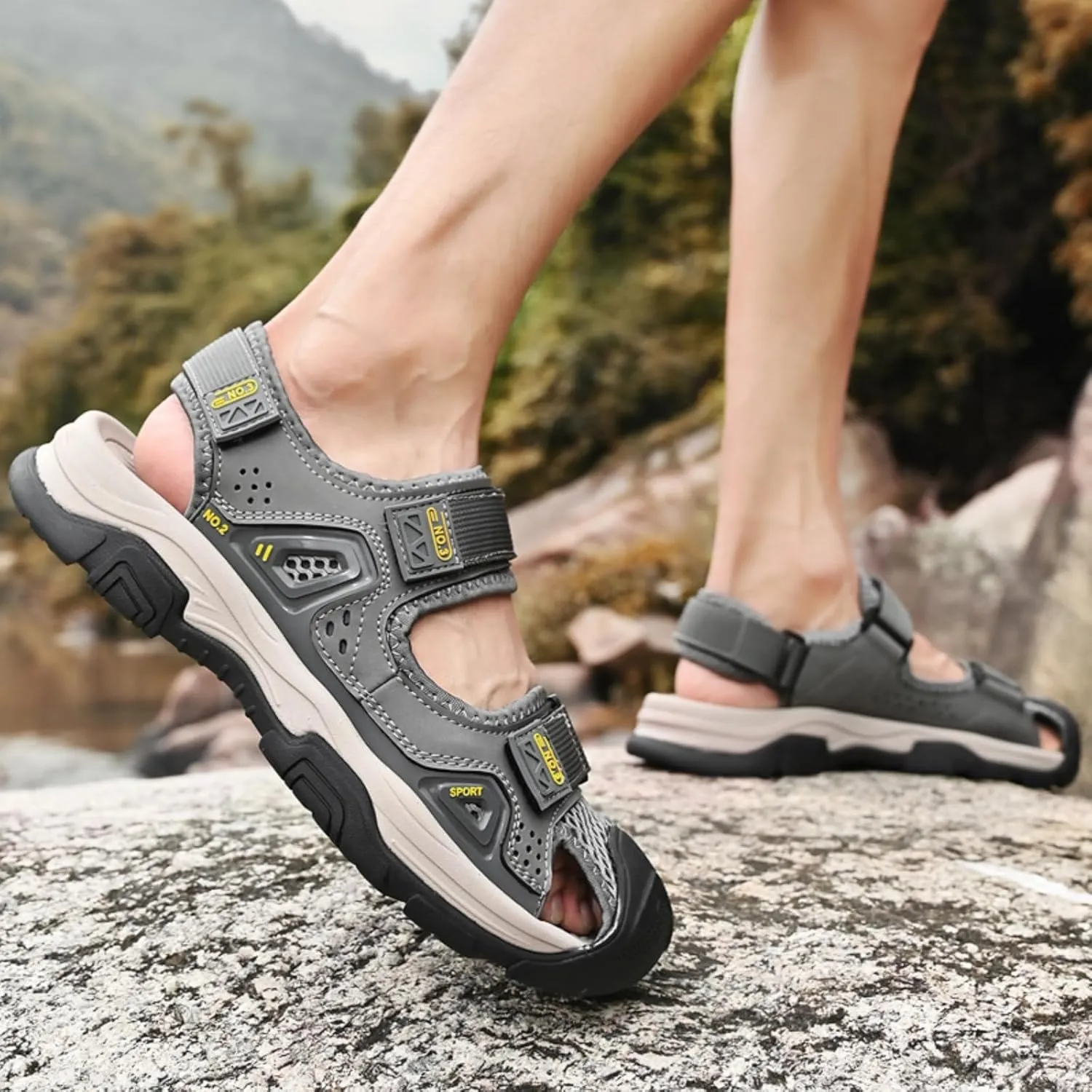 Men's Cowhide Leather Hiking Sandals - Athletic Closed - Toe Walking & Sports Fisherman Beach Water Sandals (Black,8)