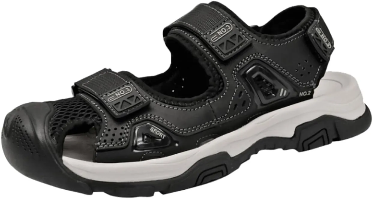 Men's Cowhide Leather Hiking Sandals - Athletic Closed - Toe Walking & Sports Fisherman Beach Water Sandals (Black,8)