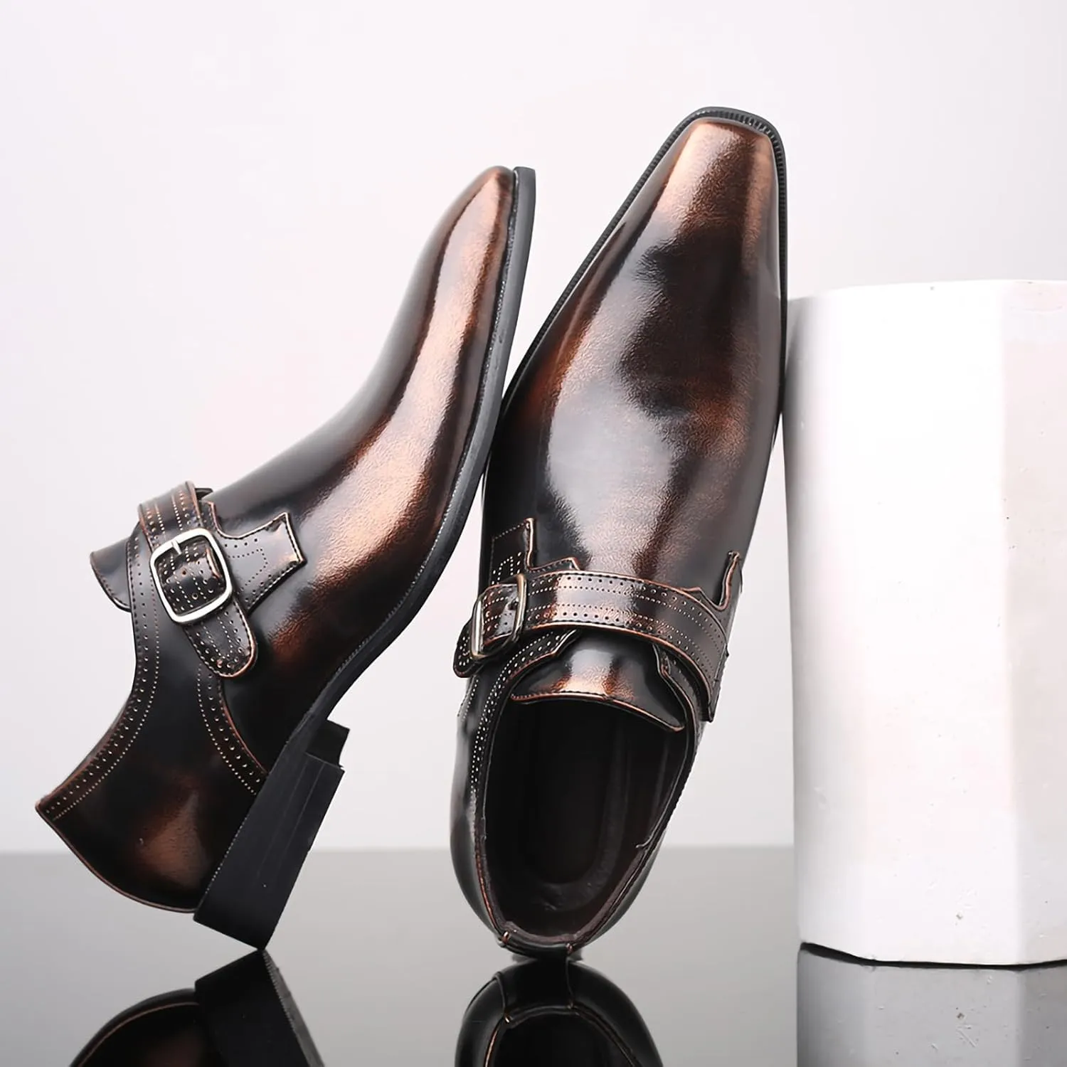 Men's Dress Cap Toe Shoes Monk Slip On Loafers Stylish and Comfort Patent PU Leather Business Low Casual Urban Commuting Shoes