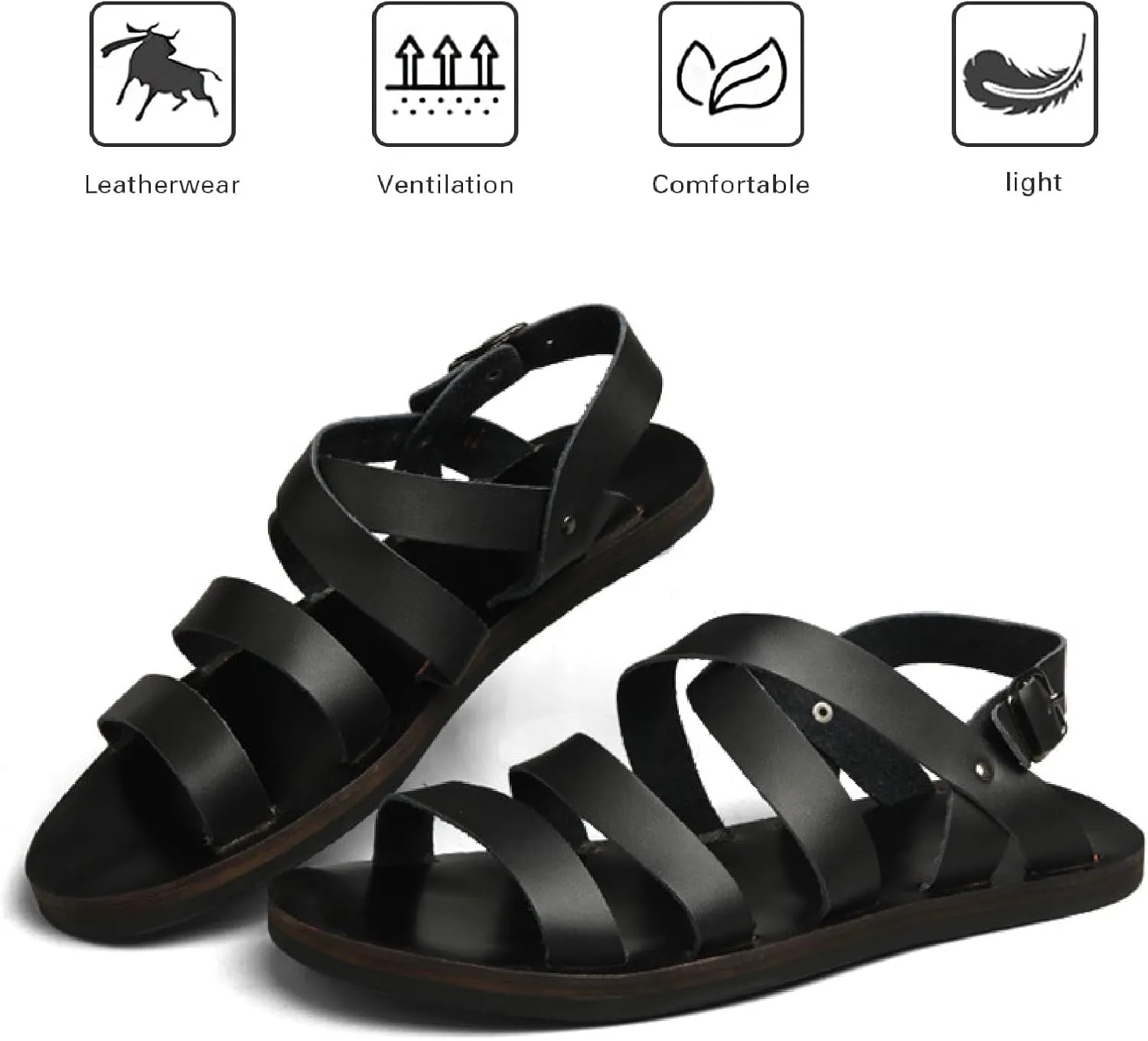 Men's Genuine Leather Flat Fisherman Sandals with Adjust Buckle Strap Fashion Comfort Open Toe Cutout Anti-Slip Platform Water Shoes Summer Walking Driving Sandals