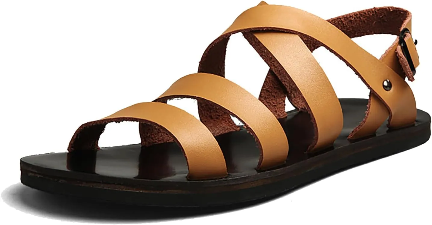 Men's Genuine Leather Flat Fisherman Sandals with Adjust Buckle Strap Fashion Comfort Open Toe Cutout Anti-Slip Platform Water Shoes Summer Walking Driving Sandals