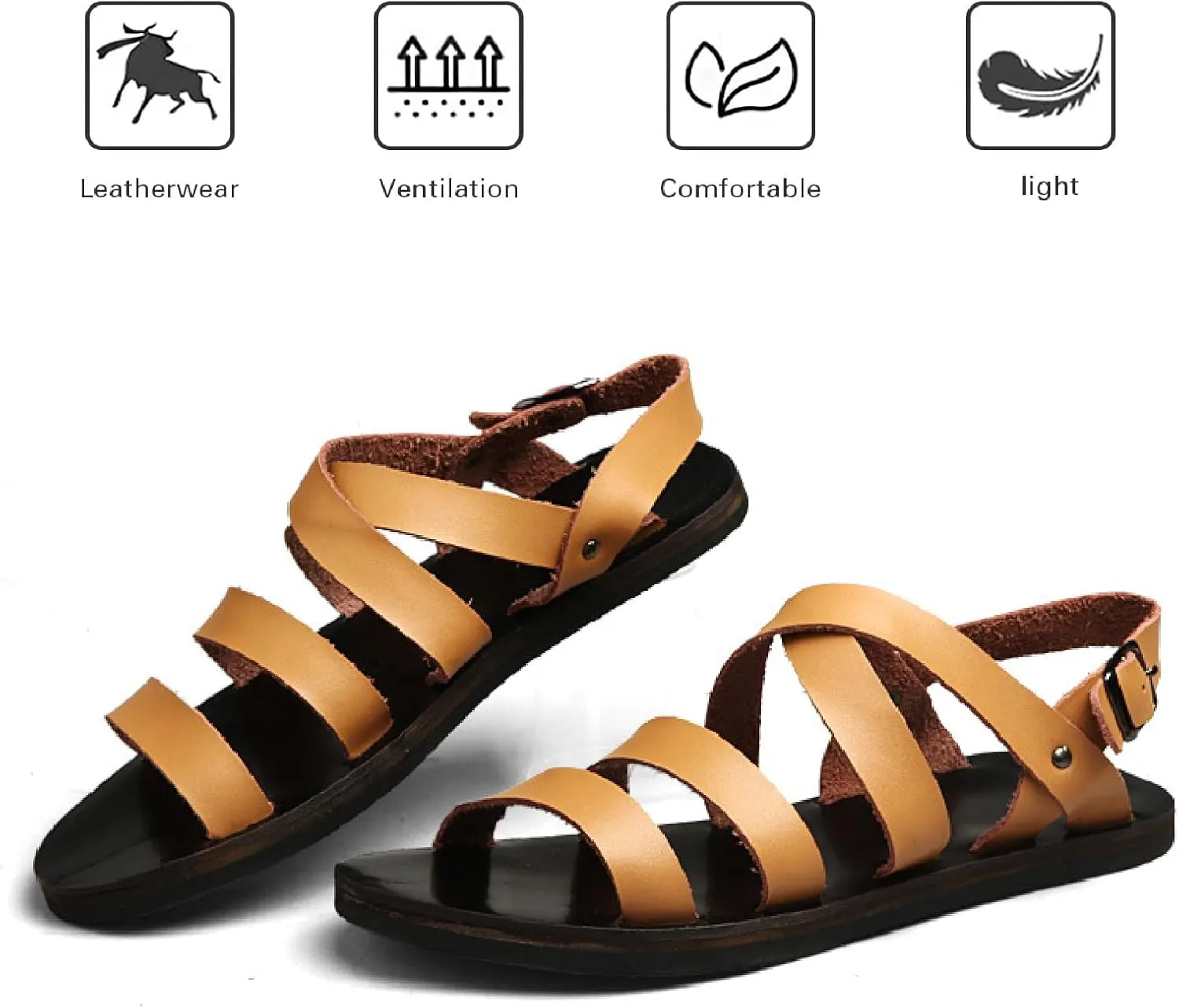 Men's Genuine Leather Flat Fisherman Sandals with Adjust Buckle Strap Fashion Comfort Open Toe Cutout Anti-Slip Platform Water Shoes Summer Walking Driving Sandals