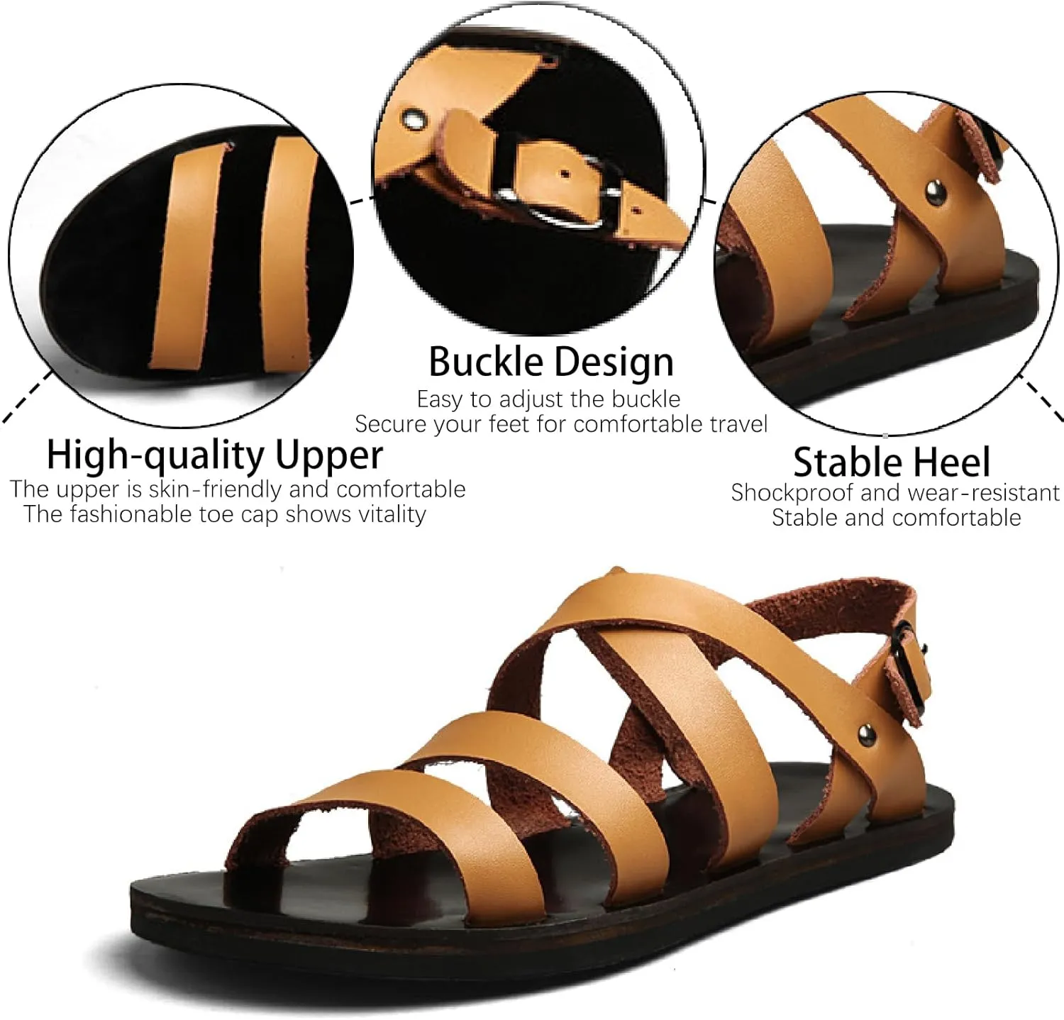 Men's Genuine Leather Flat Fisherman Sandals with Adjust Buckle Strap Fashion Comfort Open Toe Cutout Anti-Slip Platform Water Shoes Summer Walking Driving Sandals