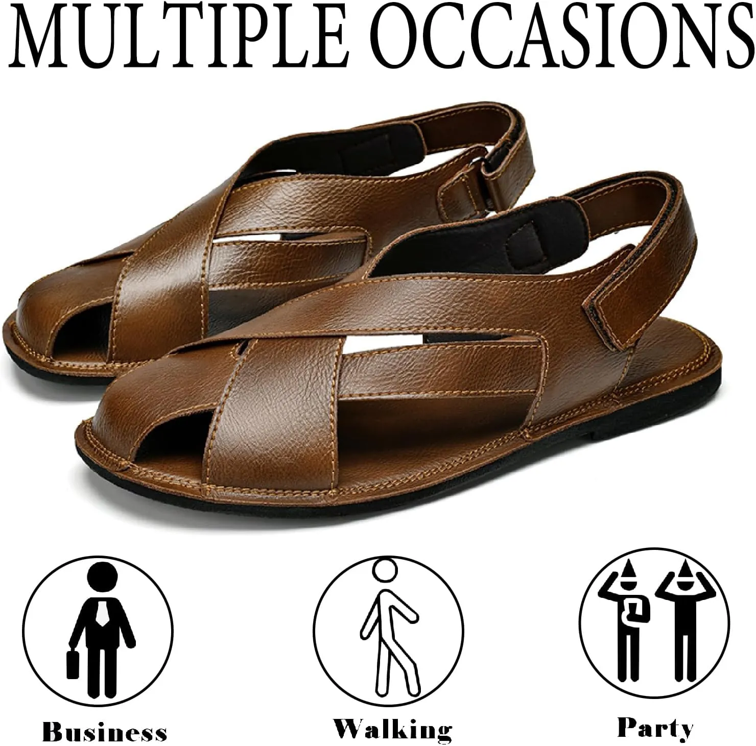 Men's Genuine Leather Hook Loop Fisherman Sandals Hollow Out Breathable Lightweight Slip On Closed Toe Summer Casual Flat Sandals for Driving Walking Beach Shoes