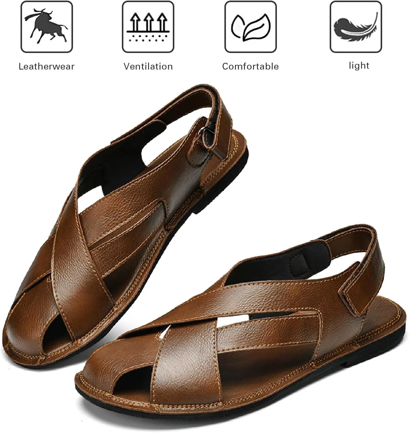 Men's Genuine Leather Hook Loop Fisherman Sandals Hollow Out Breathable Lightweight Slip On Closed Toe Summer Casual Flat Sandals for Driving Walking Beach Shoes