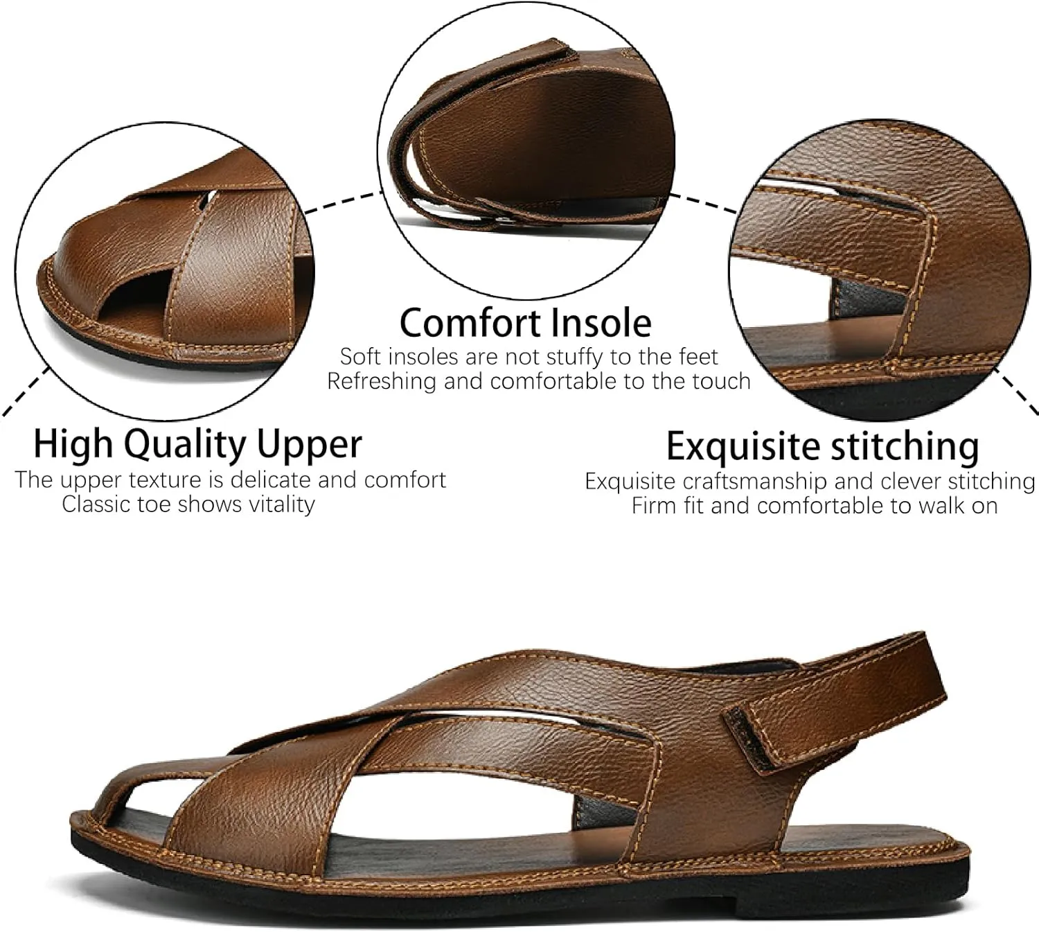 Men's Genuine Leather Hook Loop Fisherman Sandals Hollow Out Breathable Lightweight Slip On Closed Toe Summer Casual Flat Sandals for Driving Walking Beach Shoes