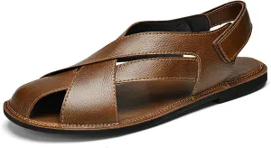 Men's Genuine Leather Hook Loop Fisherman Sandals Hollow Out Breathable Lightweight Slip On Closed Toe Summer Casual Flat Sandals for Driving Walking Beach Shoes