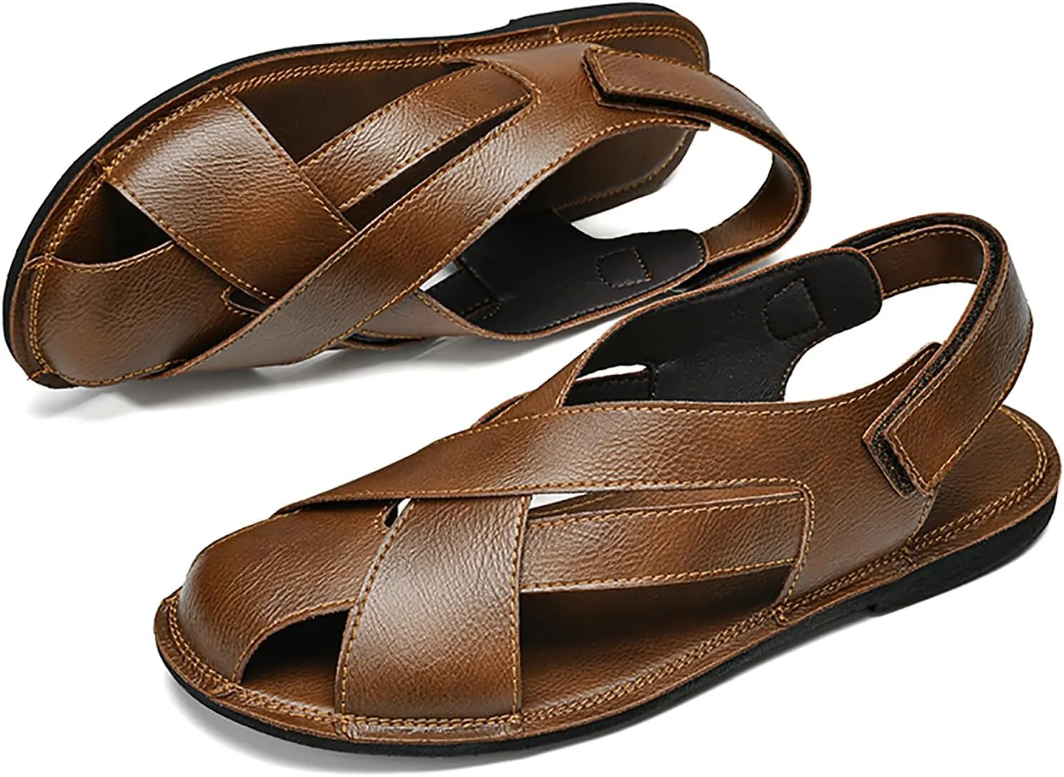 Men's Genuine Leather Hook Loop Fisherman Sandals Hollow Out Breathable Lightweight Slip On Closed Toe Summer Casual Flat Sandals for Driving Walking Beach Shoes