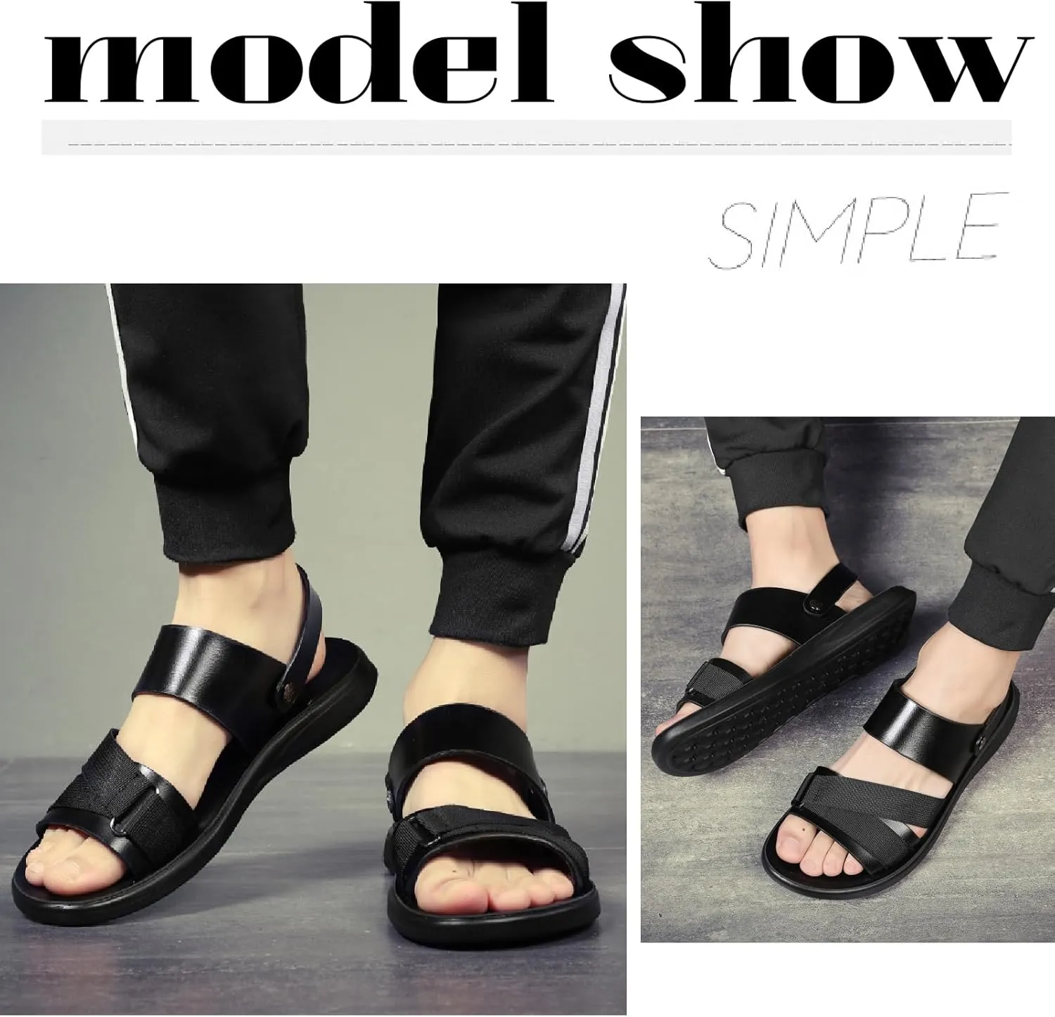 Men's Leather Casual Flat Sandals with Adjustable Dual-Purpose Strap Comfort Soft Bottom Open Toe Slip-On Slides Summer Anti-Slip Beach Sandals