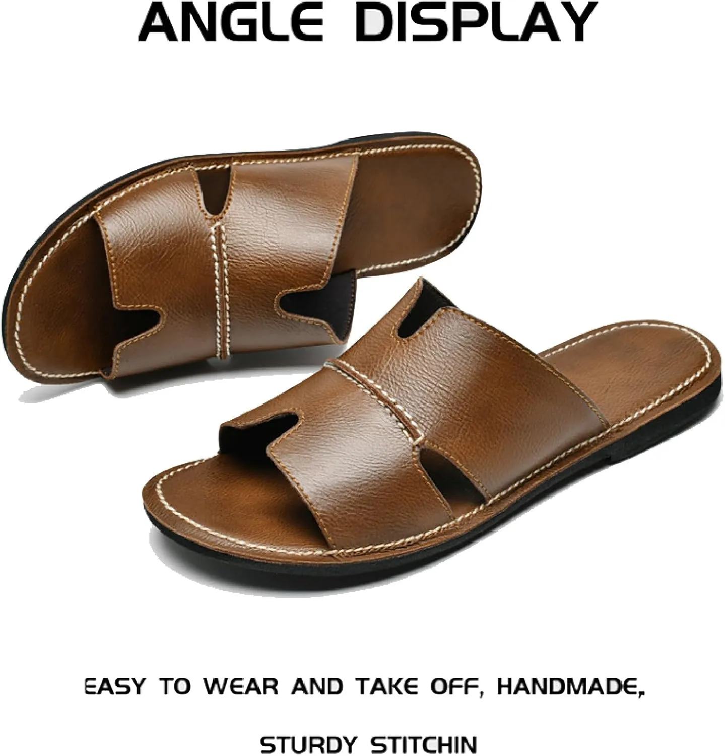 Men's Leather Flat Slides Sandals Comfortable Open Toe Anti-Slip Soft Bottom Hand Stitching Slip On Beach Slippers Summer Indoor Outdoor Casual Cutout Water Shoes