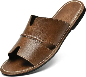 Men's Leather Flat Slides Sandals Comfortable Open Toe Anti-Slip Soft Bottom Hand Stitching Slip On Beach Slippers Summer Indoor Outdoor Casual Cutout Water Shoes