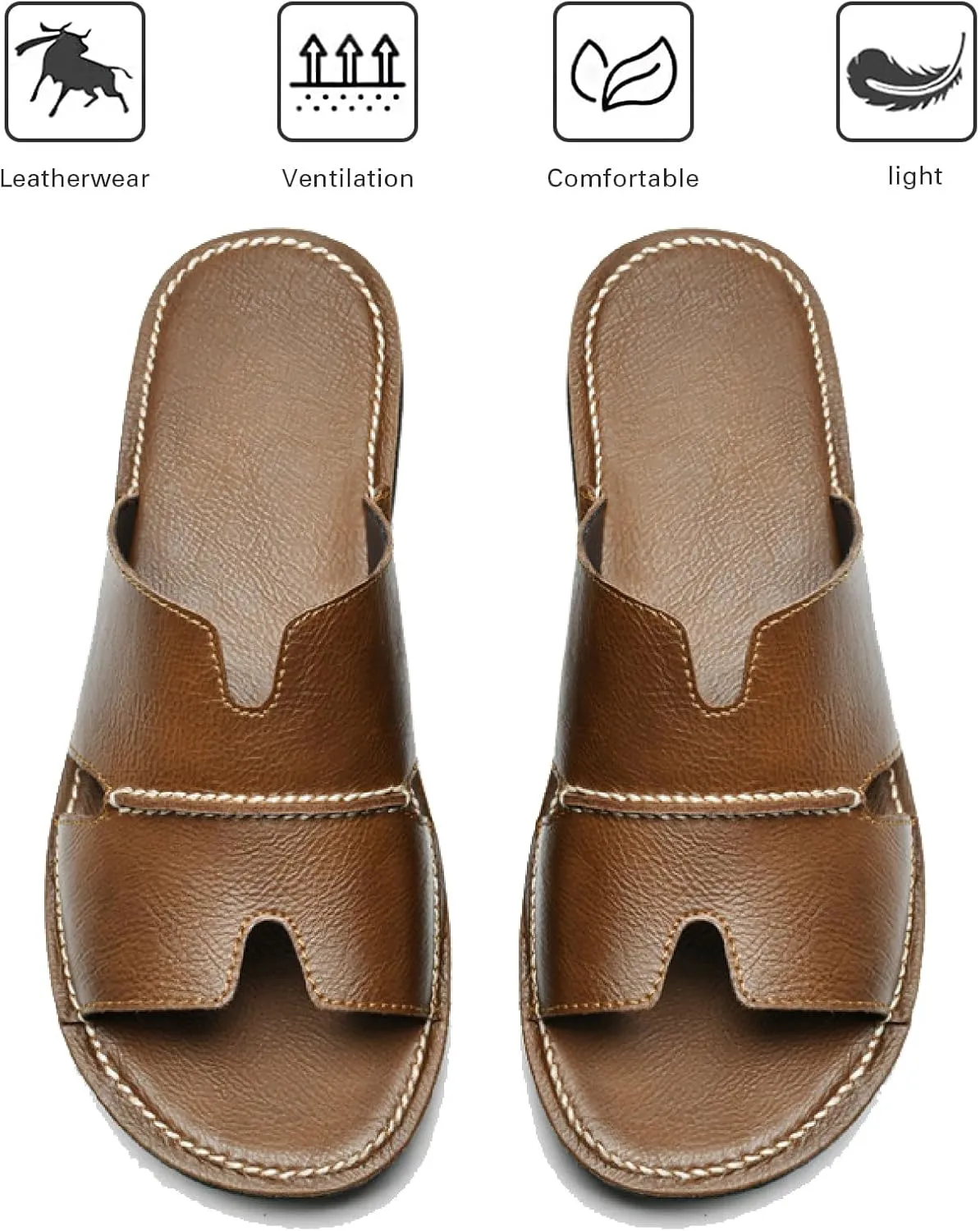 Men's Leather Flat Slides Sandals Comfortable Open Toe Anti-Slip Soft Bottom Hand Stitching Slip On Beach Slippers Summer Indoor Outdoor Casual Cutout Water Shoes