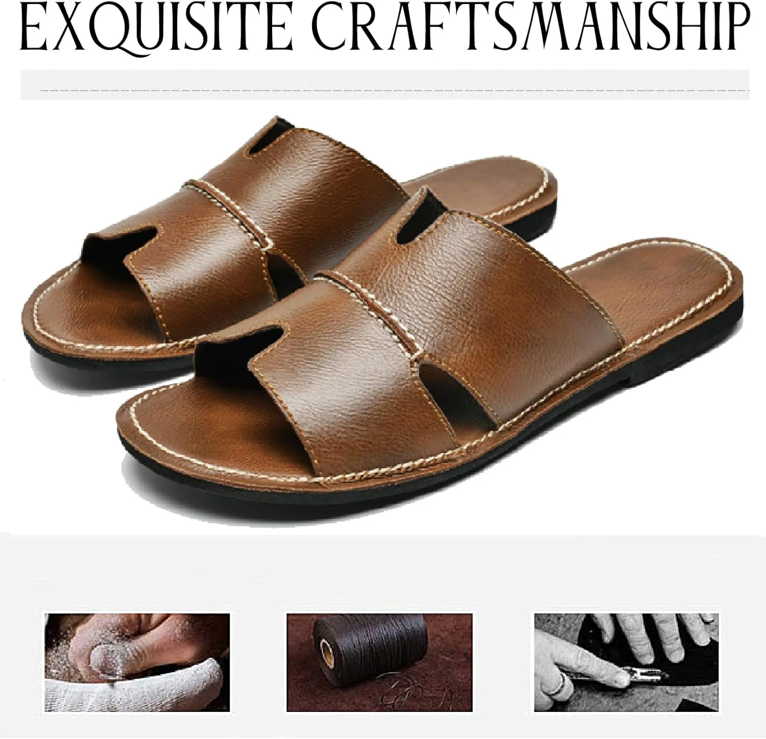 Men's Leather Flat Slides Sandals Comfortable Open Toe Anti-Slip Soft Bottom Hand Stitching Slip On Beach Slippers Summer Indoor Outdoor Casual Cutout Water Shoes