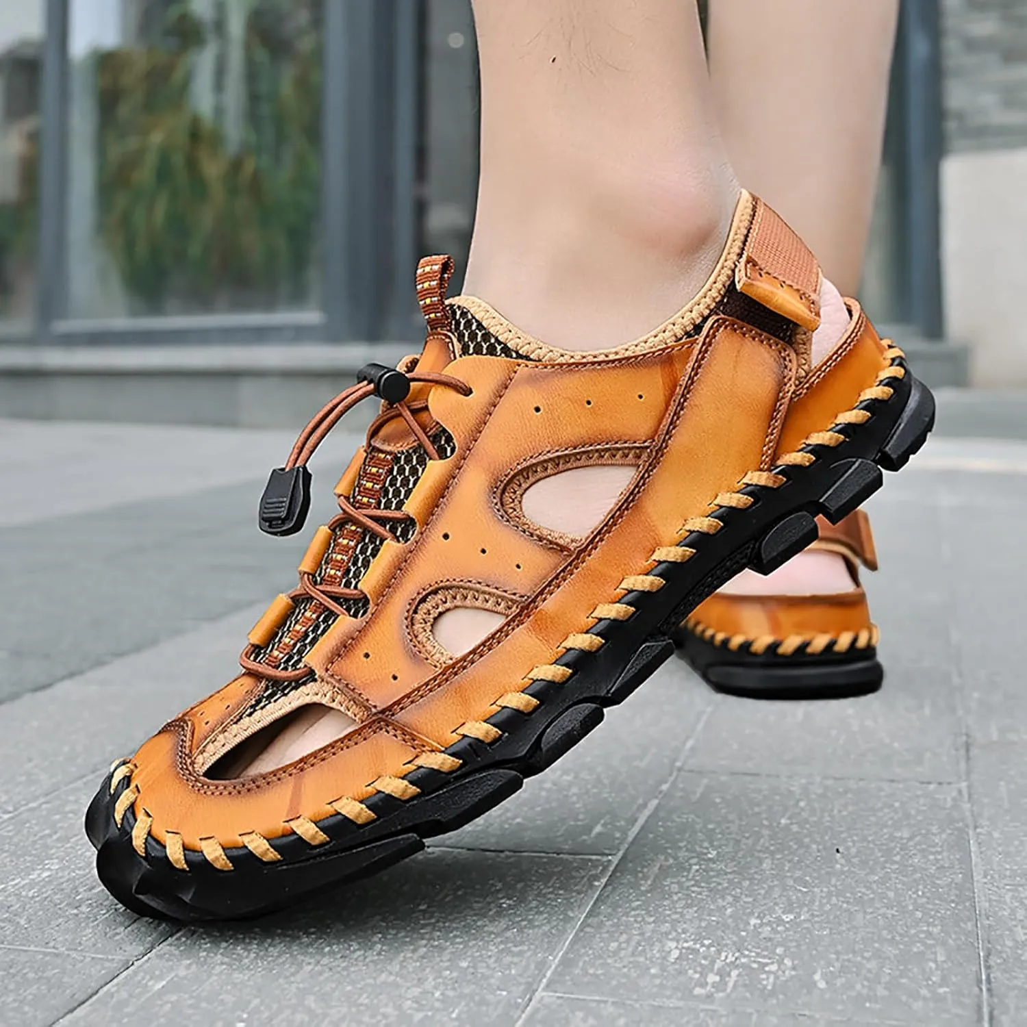 Men's Leather Hand Stitched Fisherman Sandals with Back Hook Loop Casual Breathable Cutout Closed Toe Anti-Slip Flat Water Shoes Summer Outdoor Beach Walking Shoes