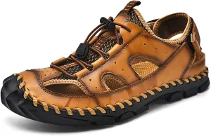 Men's Leather Hand Stitched Fisherman Sandals with Back Hook Loop Casual Breathable Cutout Closed Toe Anti-Slip Flat Water Shoes Summer Outdoor Beach Walking Shoes