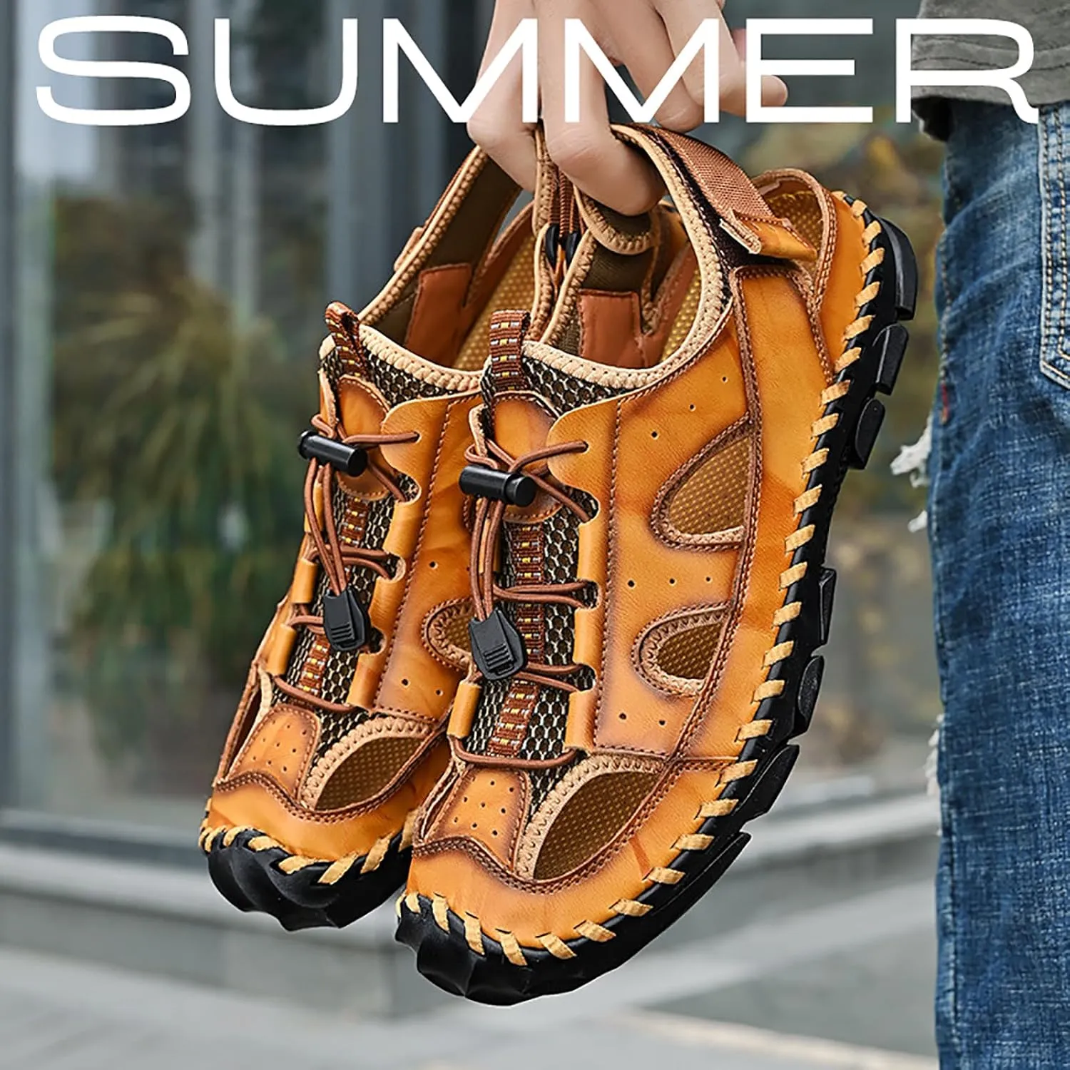 Men's Leather Hand Stitched Fisherman Sandals with Back Hook Loop Casual Breathable Cutout Closed Toe Anti-Slip Flat Water Shoes Summer Outdoor Beach Walking Shoes