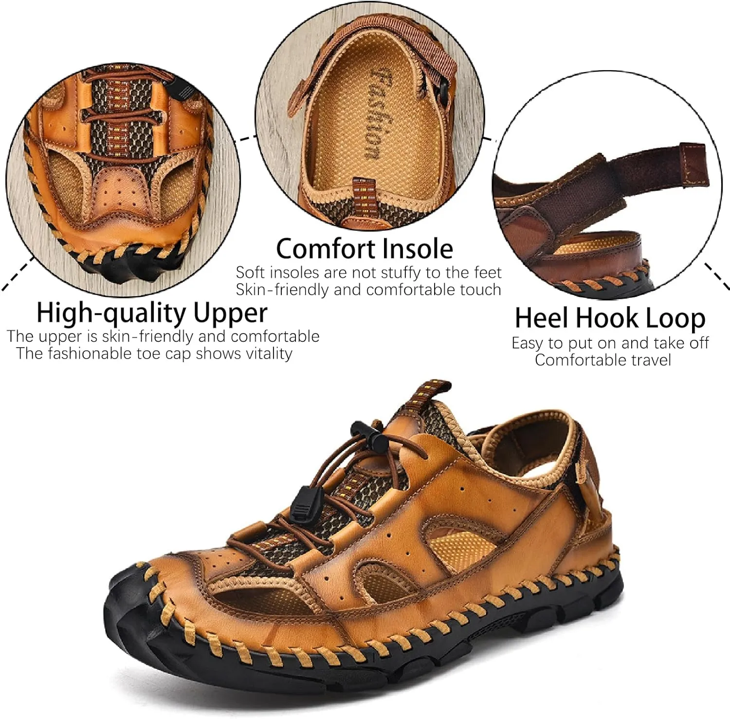 Men's Leather Hand Stitched Fisherman Sandals with Back Hook Loop Casual Breathable Cutout Closed Toe Anti-Slip Flat Water Shoes Summer Outdoor Beach Walking Shoes