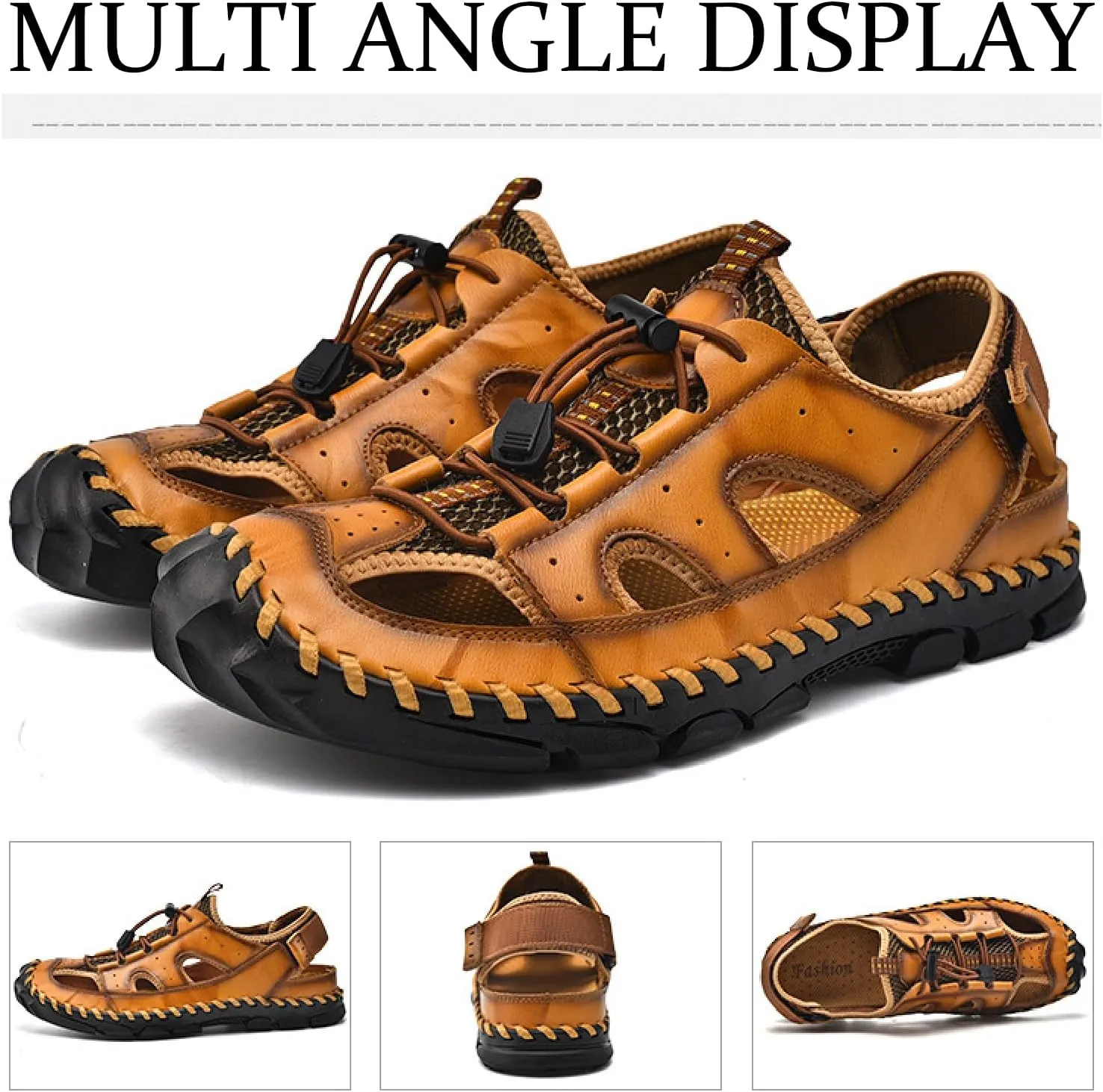 Men's Leather Hand Stitched Fisherman Sandals with Back Hook Loop Casual Breathable Cutout Closed Toe Anti-Slip Flat Water Shoes Summer Outdoor Beach Walking Shoes