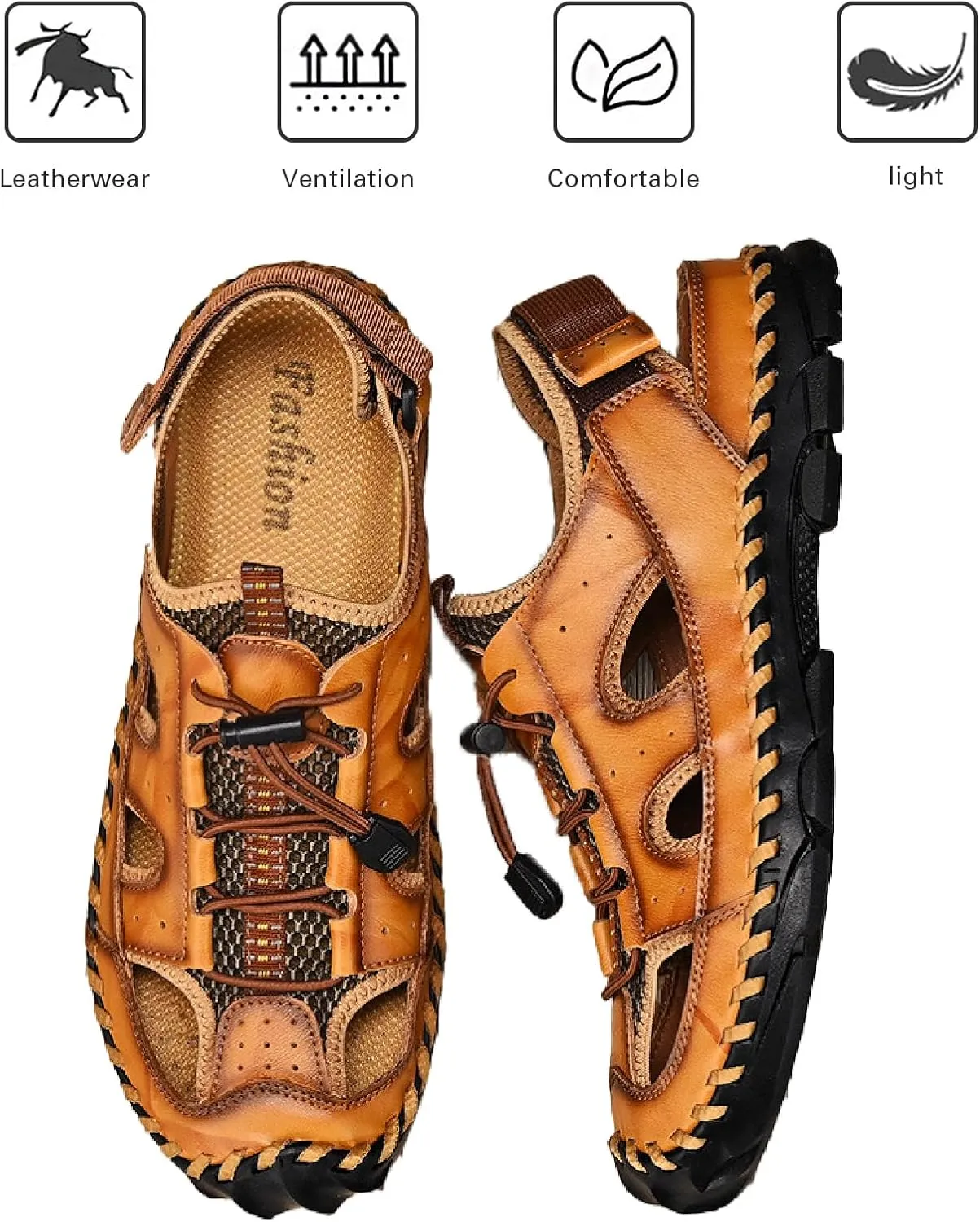 Men's Leather Hand Stitched Fisherman Sandals with Back Hook Loop Casual Breathable Cutout Closed Toe Anti-Slip Flat Water Shoes Summer Outdoor Beach Walking Shoes