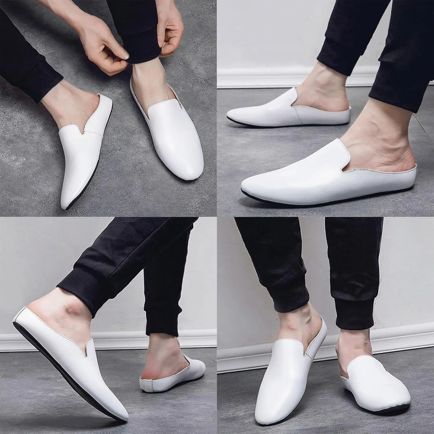 Men's Leather Simple Flat Casual Mule Clogs Fashion Slip On Comfortable Breathable Closed Pointed Toe Backless Dress Loafers for Work Party Wedding Walking