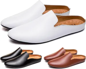 Men's Leather Simple Flat Casual Mule Clogs Fashion Slip On Comfortable Breathable Closed Pointed Toe Backless Dress Loafers for Work Party Wedding Walking