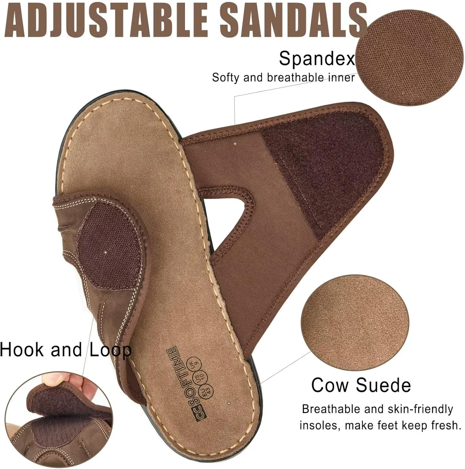 Men's Leather Slide Sandal Open Toe Adjustable Beach Sandals with Soft Comfy Arch Support Athletic Slippers Mules