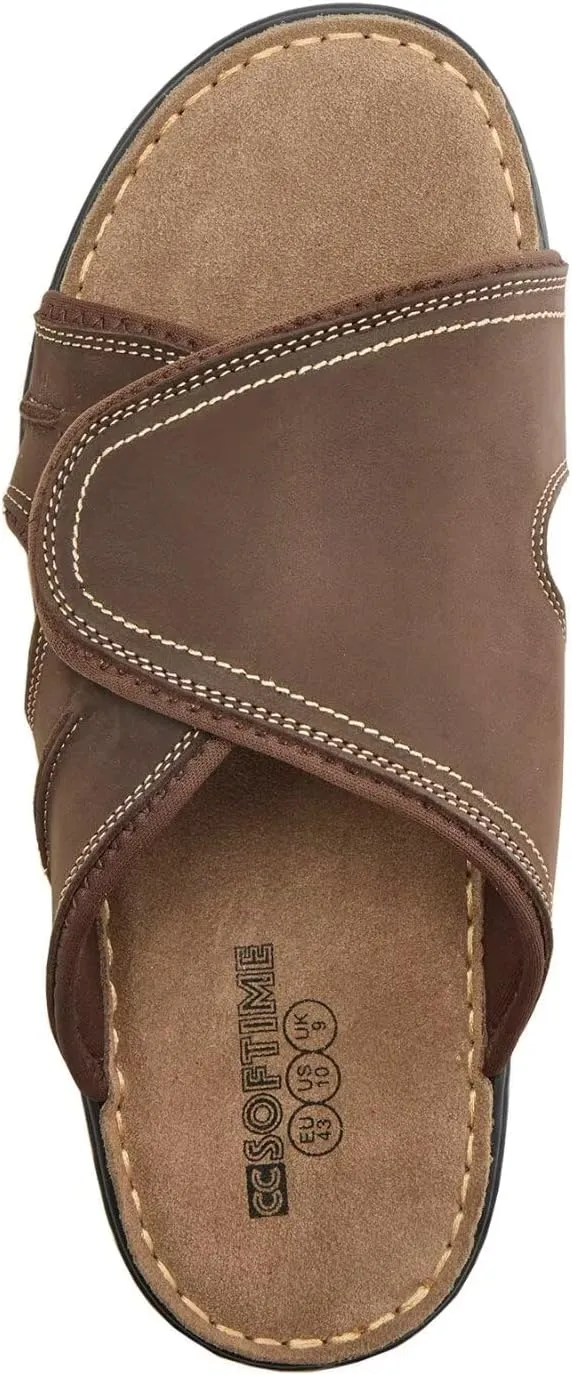 Men's Leather Slide Sandal Open Toe Adjustable Beach Sandals with Soft Comfy Arch Support Athletic Slippers Mules