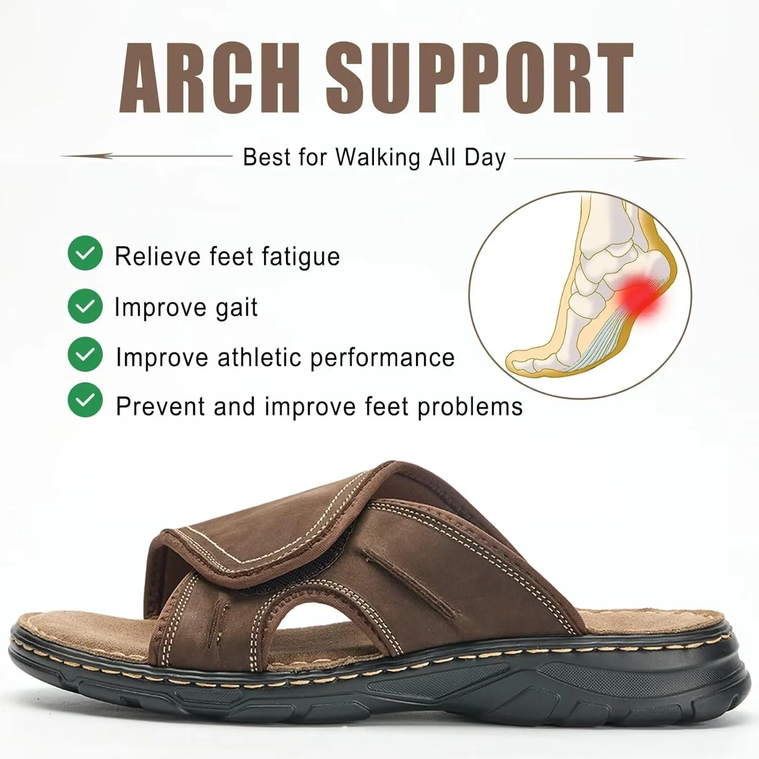 Men's Leather Slide Sandal Open Toe Adjustable Beach Sandals with Soft Comfy Arch Support Athletic Slippers Mules