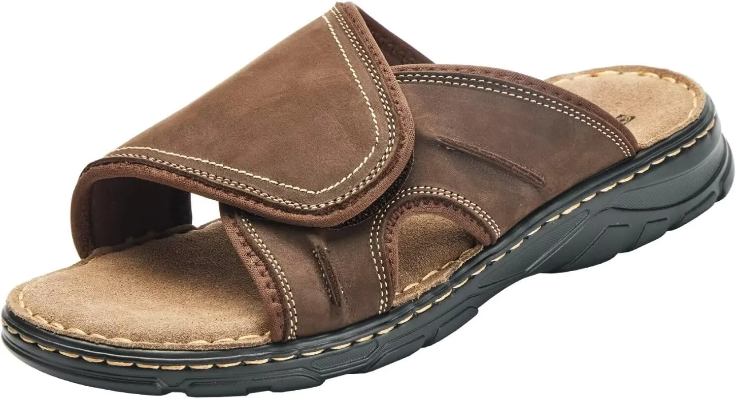 Men's Leather Slide Sandal Open Toe Adjustable Beach Sandals with Soft Comfy Arch Support Athletic Slippers Mules