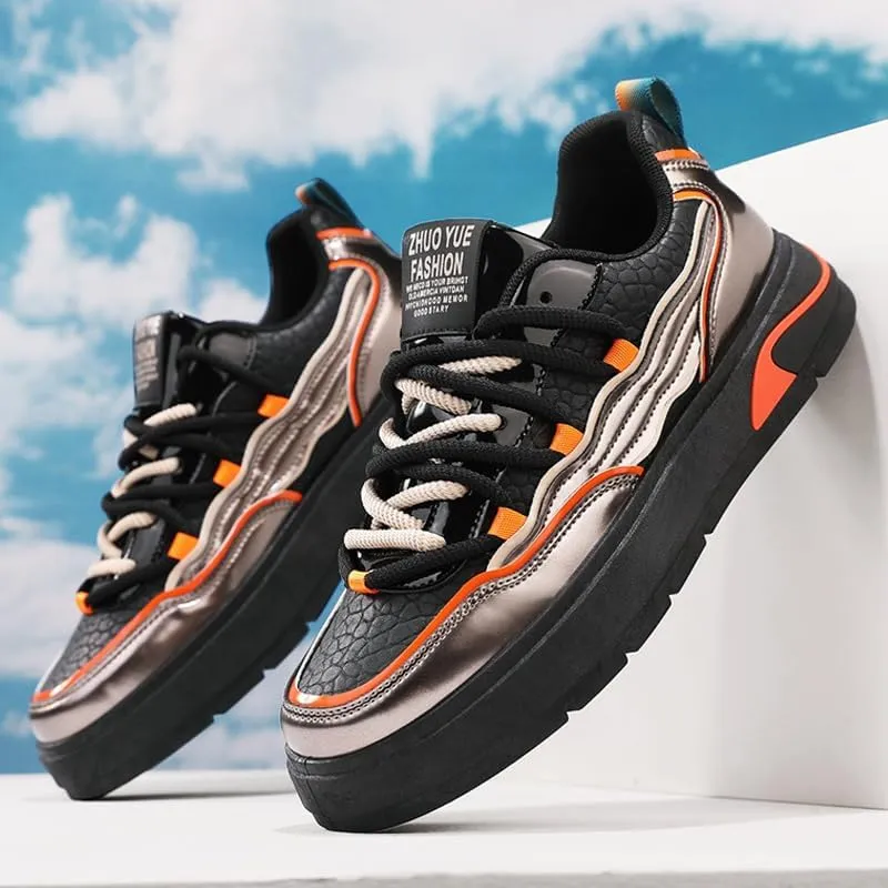 Men's Leather Trendy Street Style Low Top Skateboard Shoes, Comfy Non Slip Lace Up Durable Sneakers for Men's Outdoor Activities