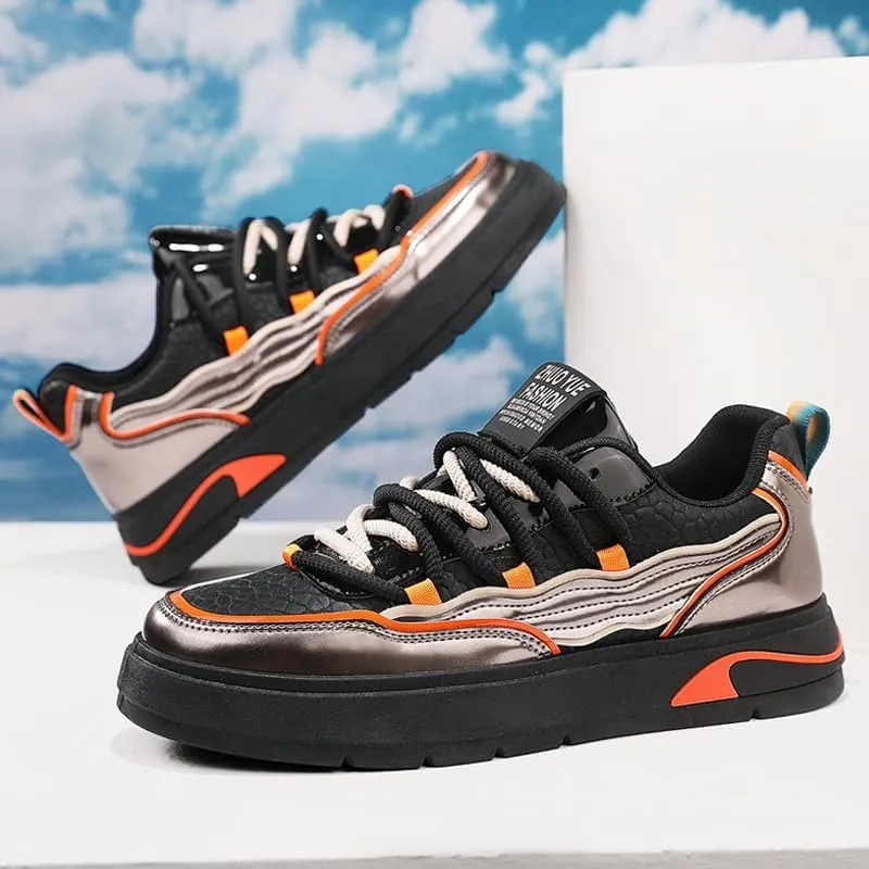 Men's Leather Trendy Street Style Low Top Skateboard Shoes, Comfy Non Slip Lace Up Durable Sneakers for Men's Outdoor Activities