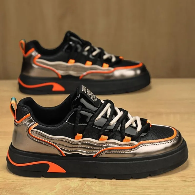 Men's Leather Trendy Street Style Low Top Skateboard Shoes, Comfy Non Slip Lace Up Durable Sneakers for Men's Outdoor Activities