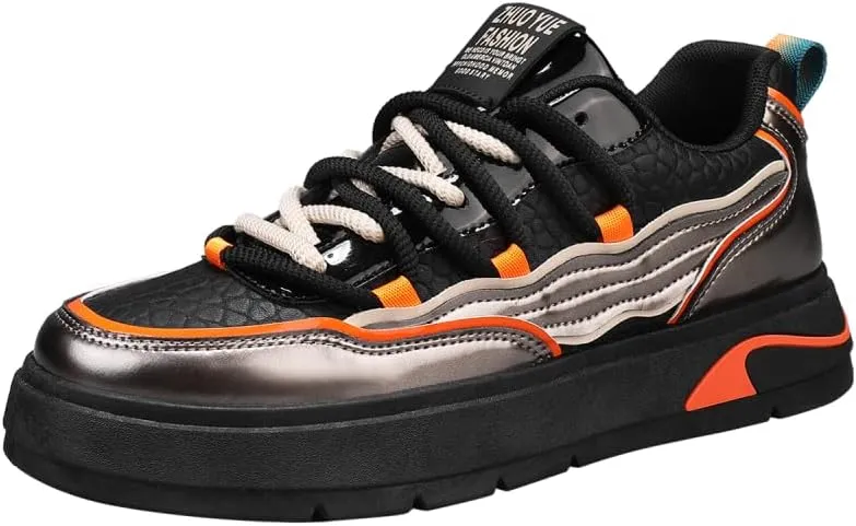 Men's Leather Trendy Street Style Low Top Skateboard Shoes, Comfy Non Slip Lace Up Durable Sneakers for Men's Outdoor Activities