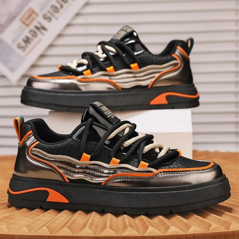 Men's Leather Trendy Street Style Low Top Skateboard Shoes, Comfy Non Slip Lace Up Durable Sneakers for Men's Outdoor Activities