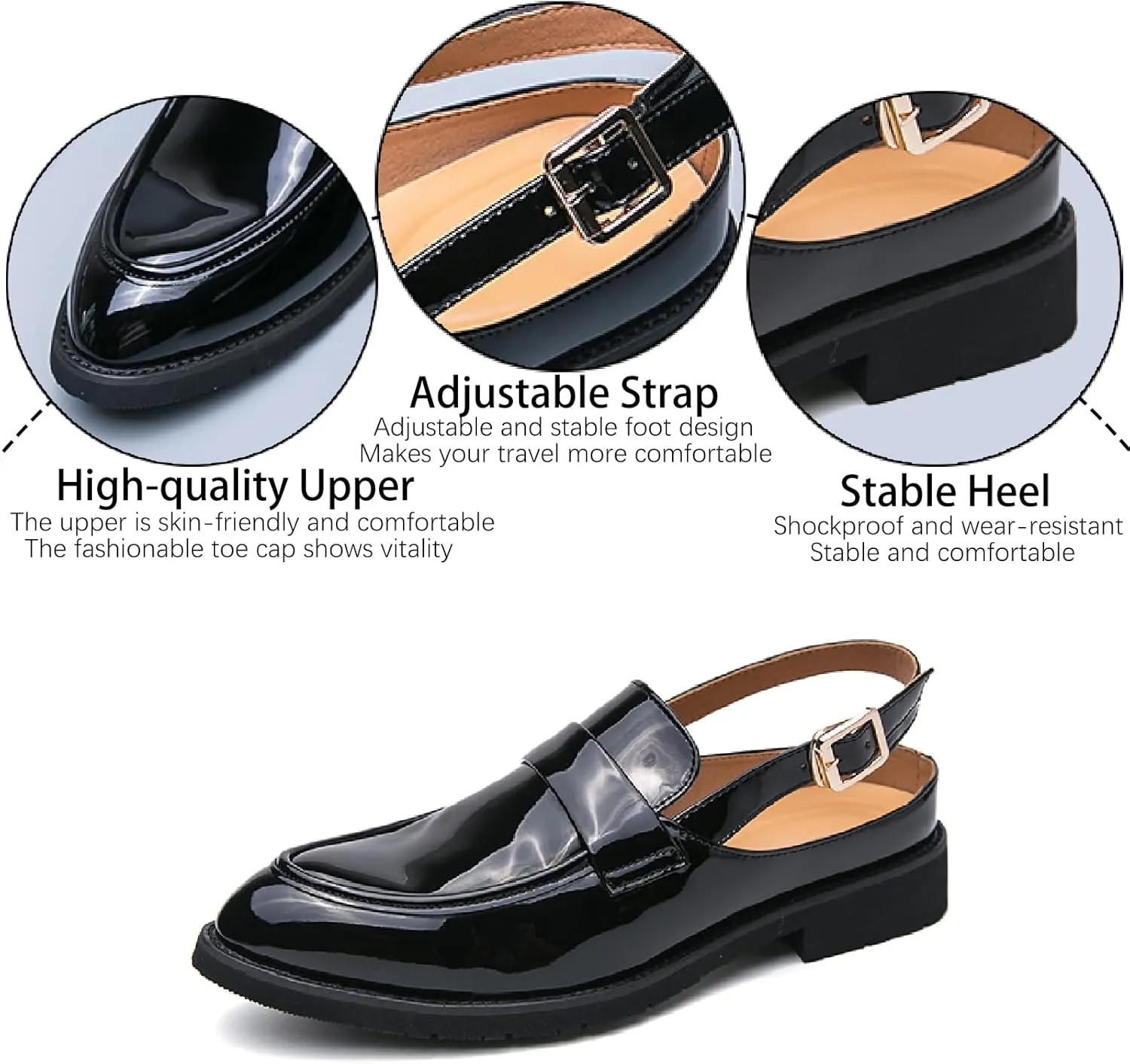 Men's Patent Leather Closed Toe Sandals with Adjust Buckle Strap Anti-Slip Breathable Pointed Toe Block Heel Slingback Dress Sandals for Business Office Walking Driving Shoes